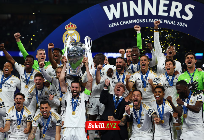 Real Madrid menjadi juara Liga Champion musim 2023/2024 usai mengalahkan Dortmund dengan skor 2-0.