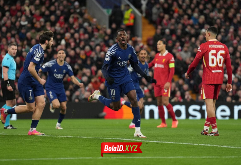 Dembele saat mencetak gol ke gawang Liverpool di leg kedua Liga Champion 2025.